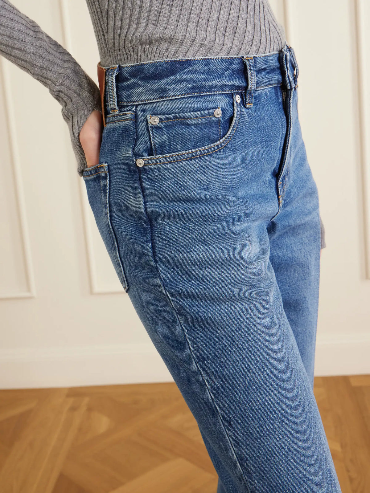 Leather-trimmed Low-waist Flared Jeans