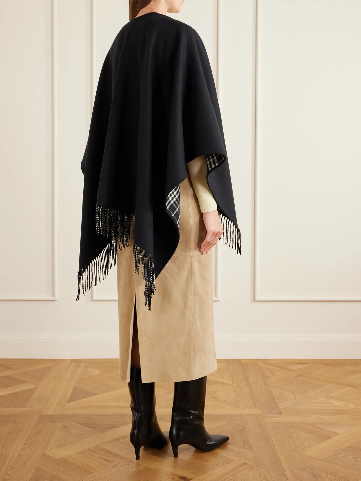Reversible Fringed Checked Wool Cape