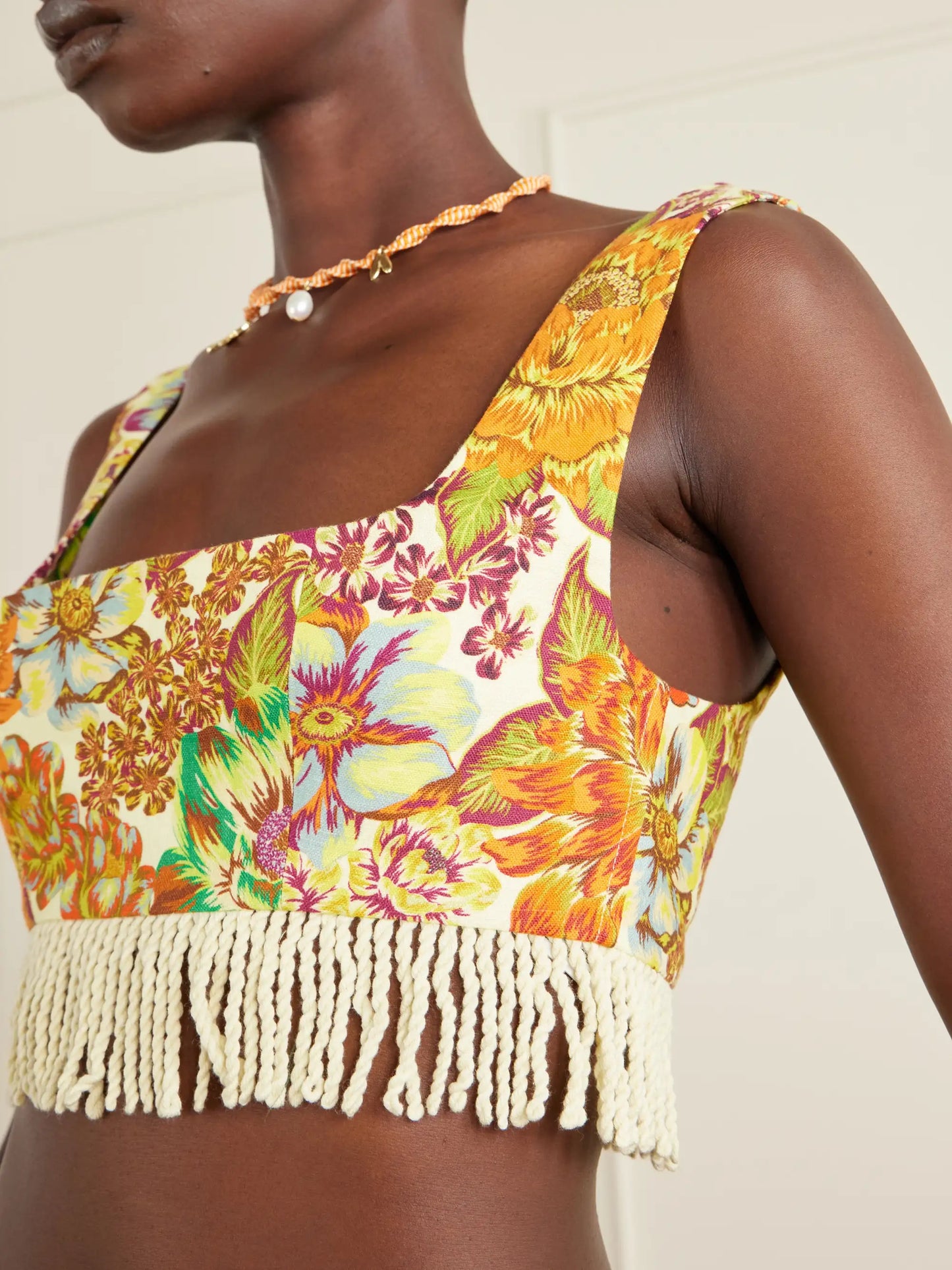 Fringed Cropped Floral-print Linen Top