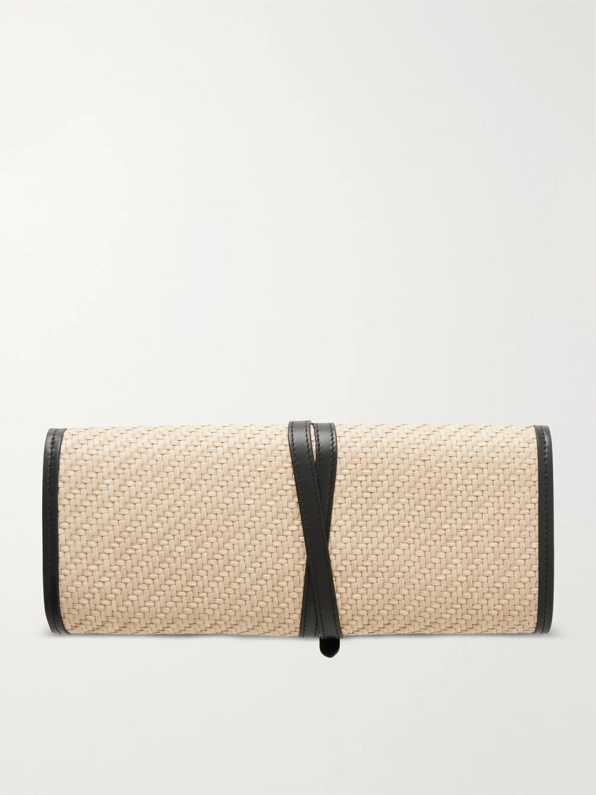 Belted Leather-trimmed Raffia Clutch
