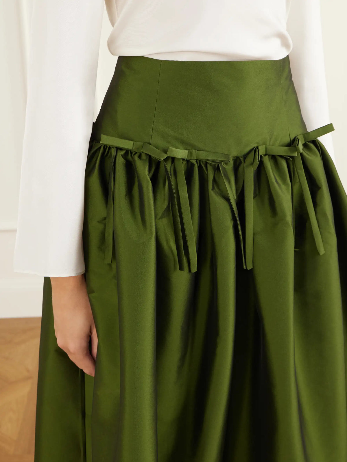 BERNADETTE Oscar Bow-detailed Gathered Taffeta Midi Skirt