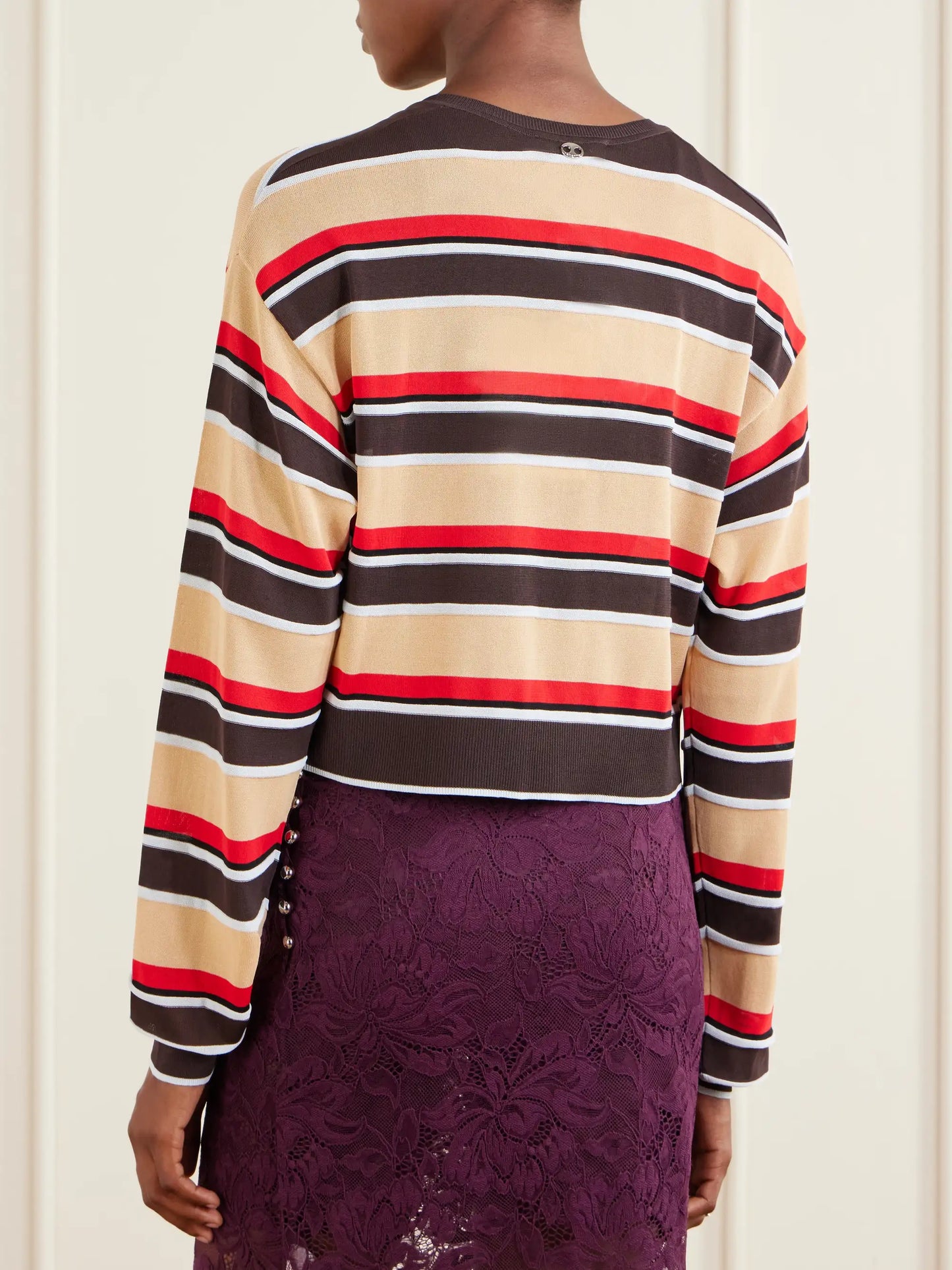 Bead-embellished Striped Knitted Cardigan