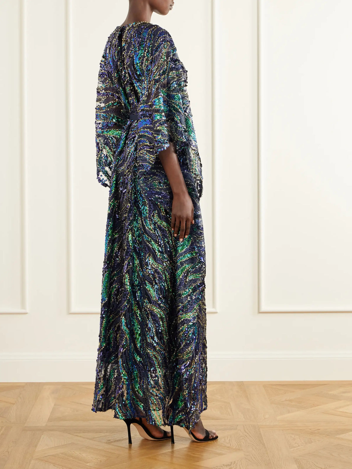 Taller Marmo Firefly Belted Draped Sequined Tulle Gown