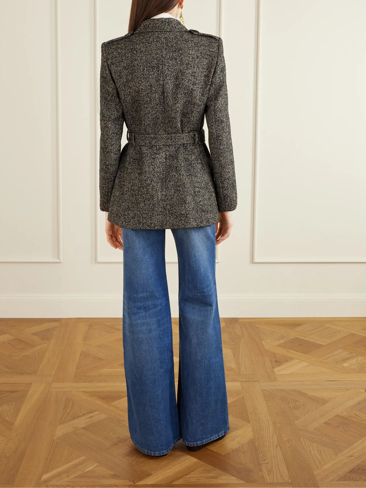 Belted Herringbone Wool-blend Jacket