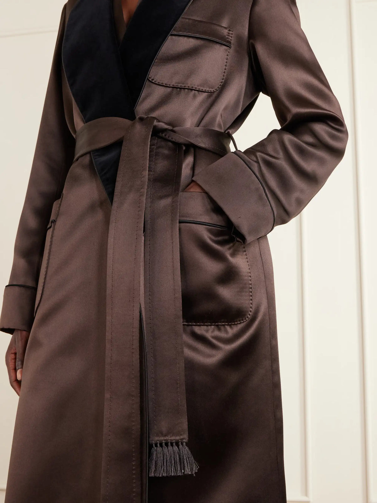 TOM FORD Belted Velvet-trimmed Silk-satin Coat