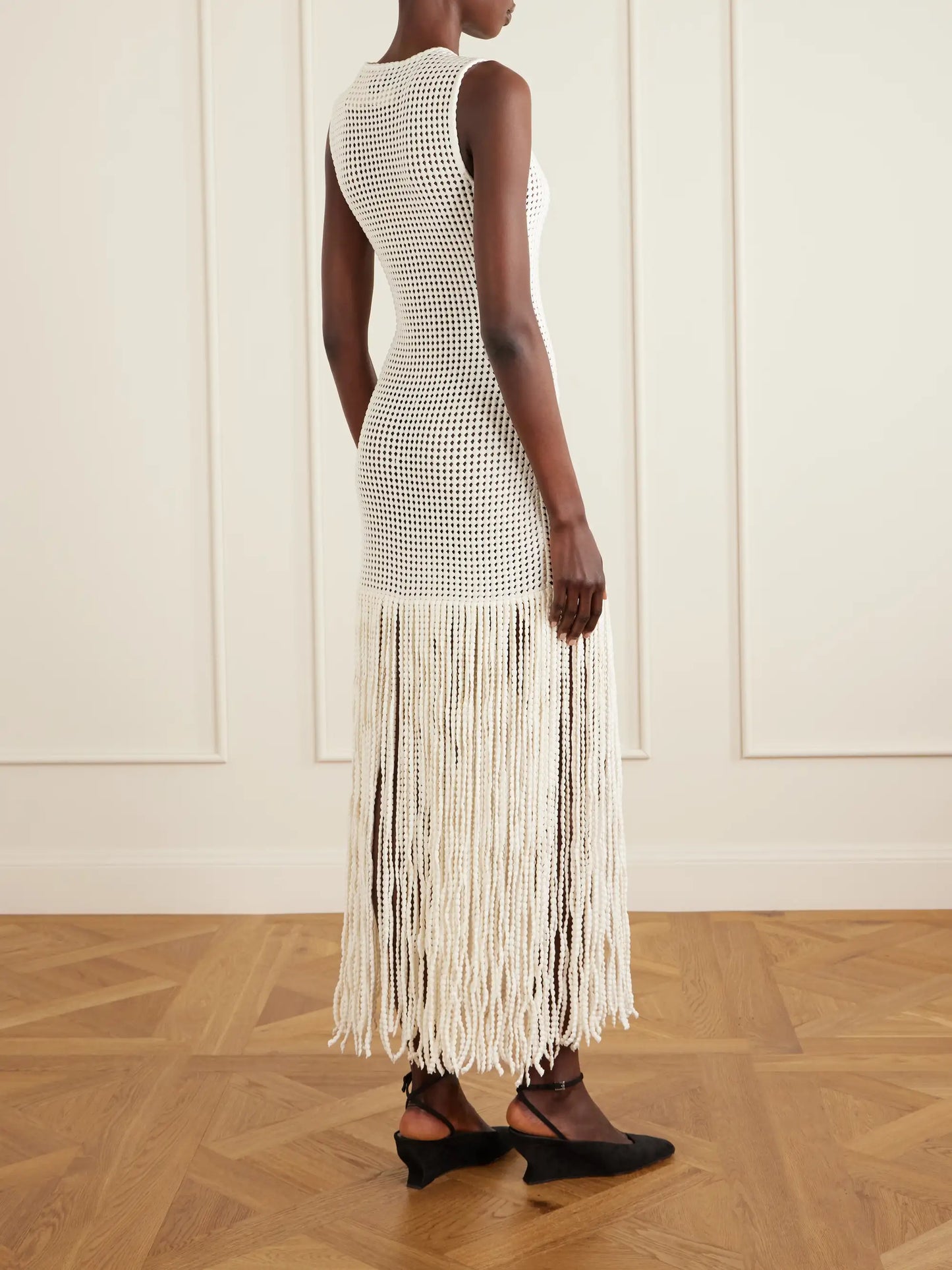Fringed Open-knit Midi Dress