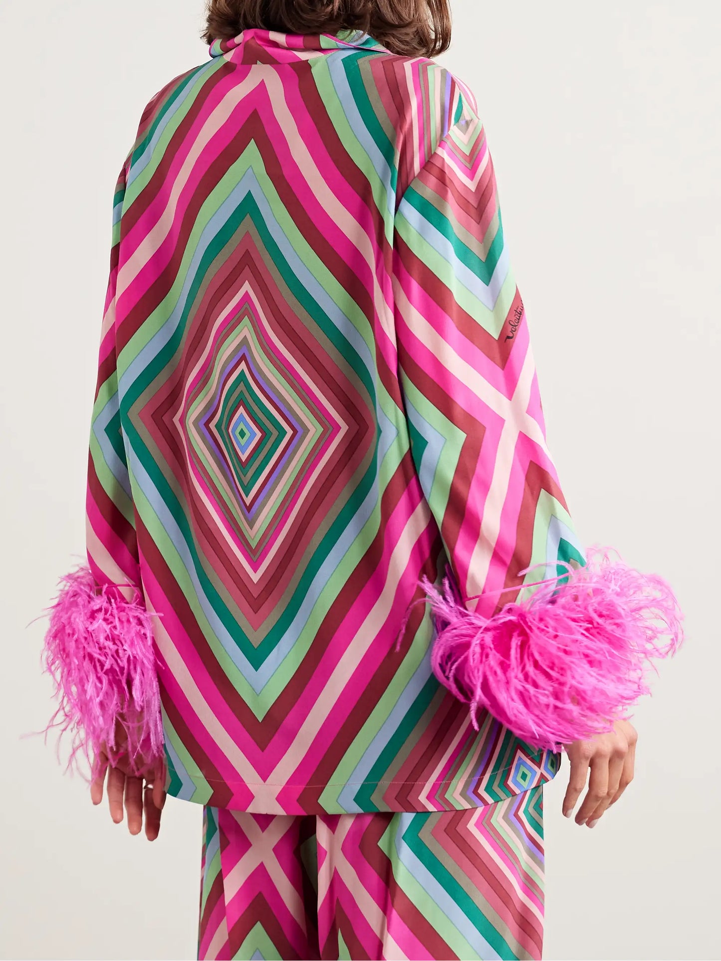 Feather-trimmed Printed Silk Crepe De Chine Shirt