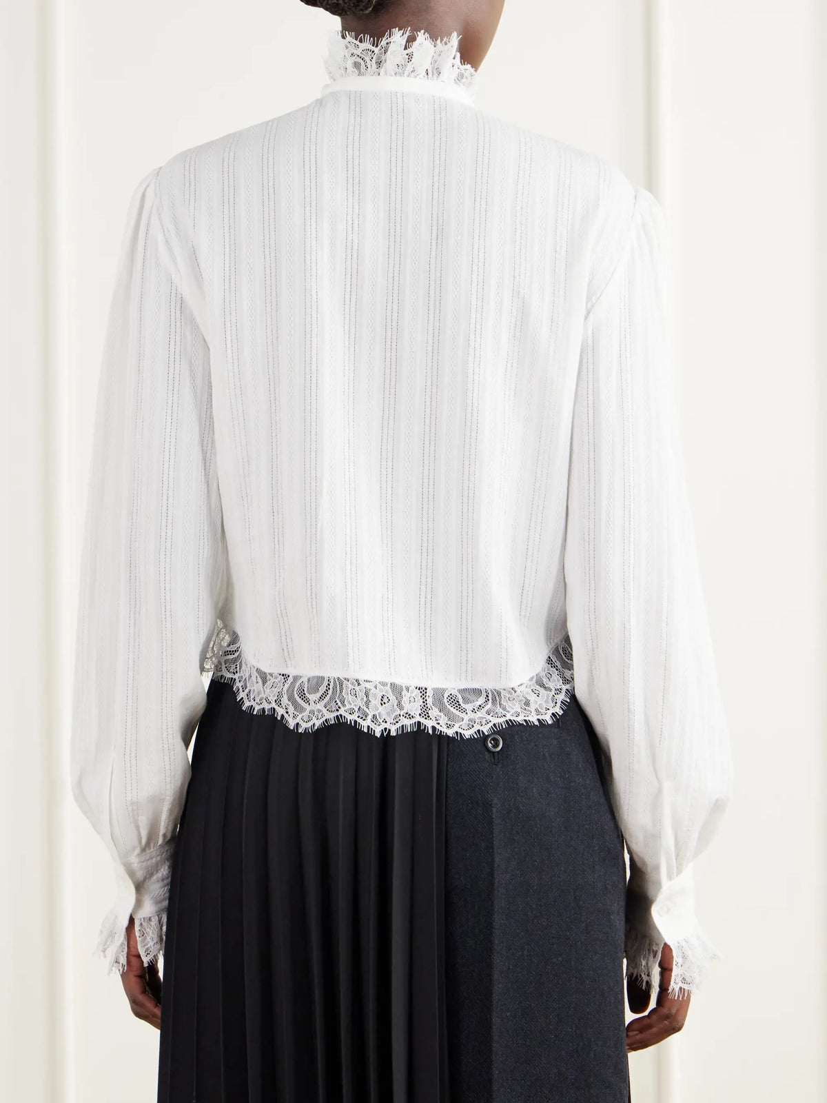 Ann Demeulemeester Freda Cropped Ruffled Lace-trimmed Openwork Cotton-jacquard Blouse