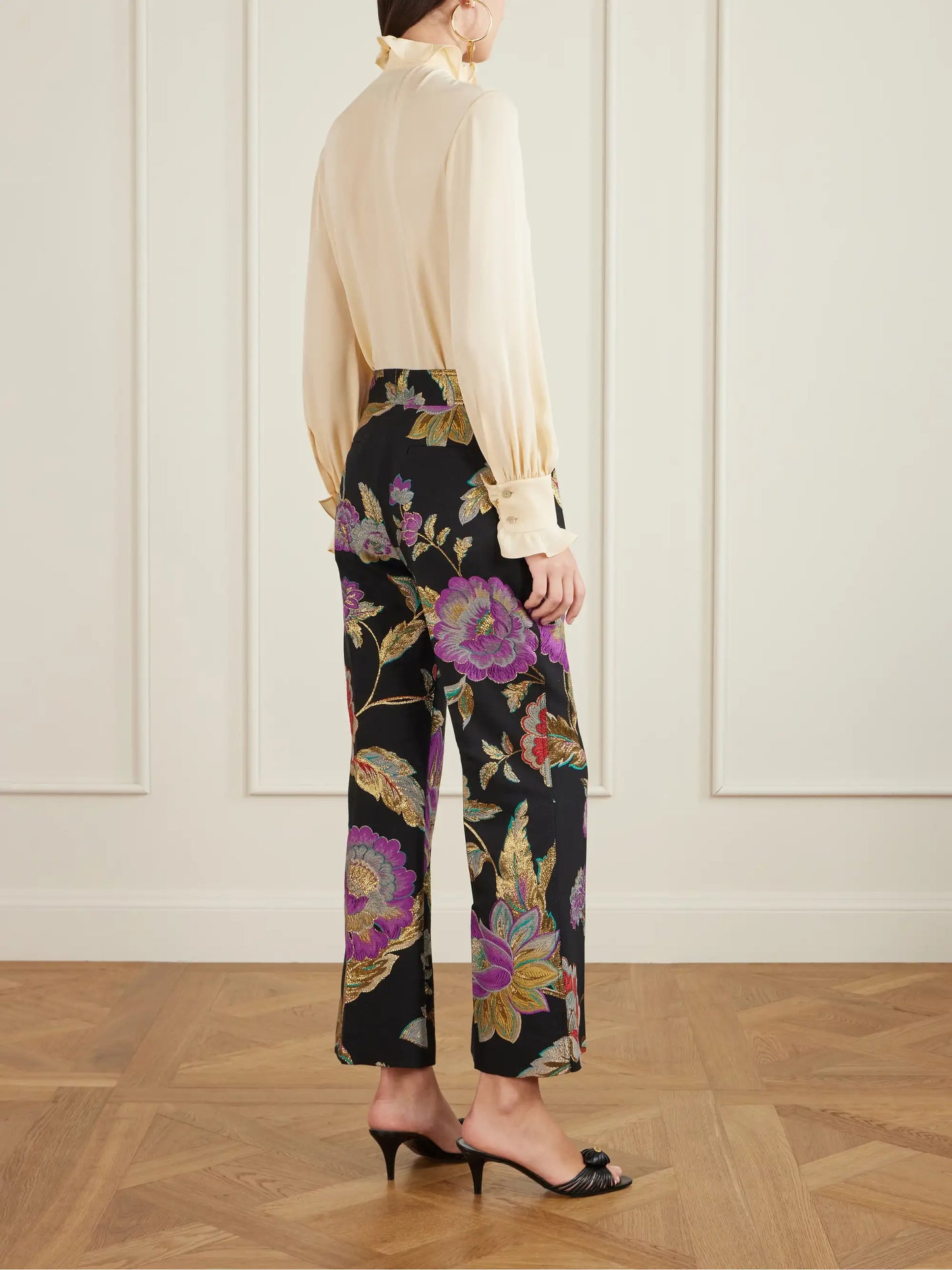 Floral-brocade Wool-blend Straight-leg Pants