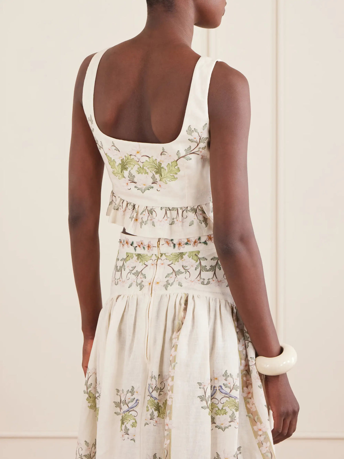 Agua by Agua Bendita Eslabon Anhelo Floral-print Button-embellished Linen Cropped Top