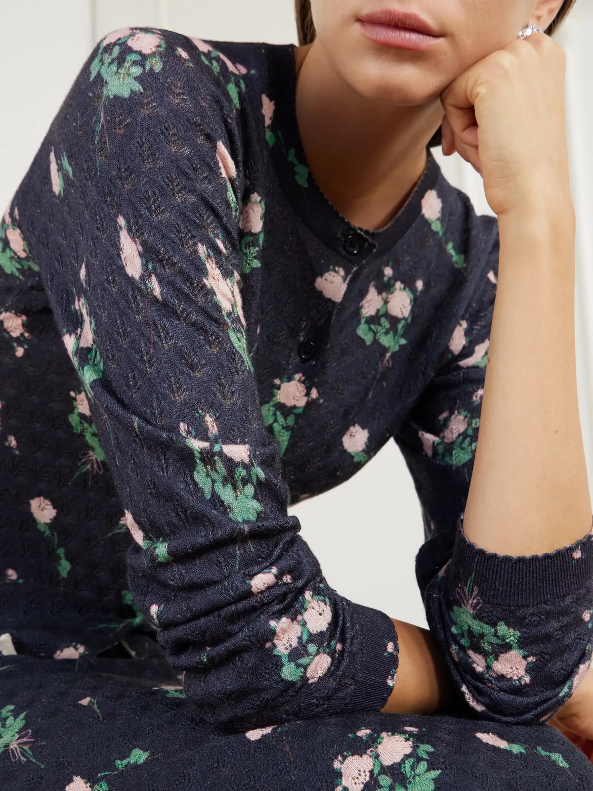 BERNADETTE Kira Floral-print Pointelle-knit Silk, Wool And Cashmere-blend Cardigan