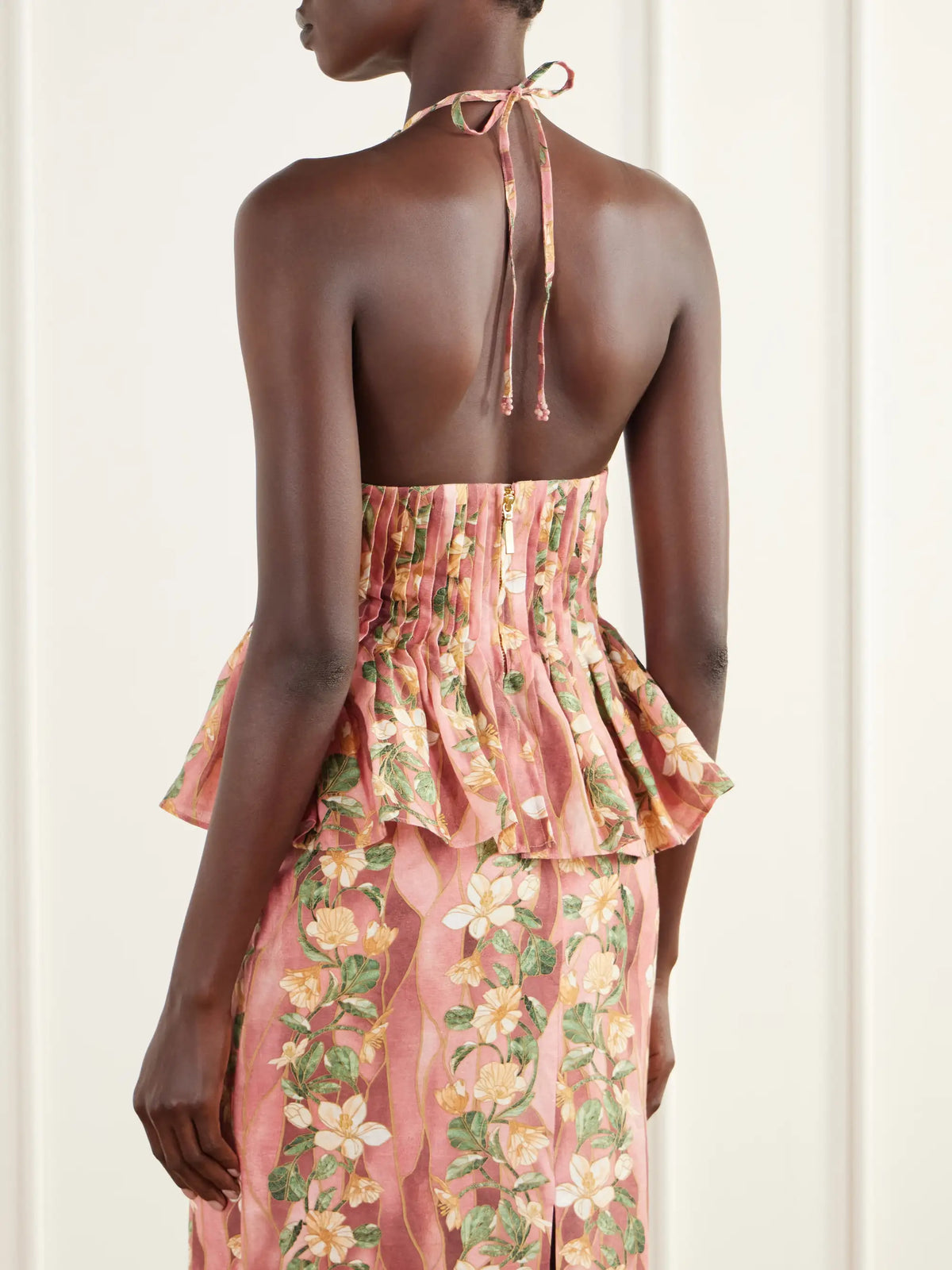 Agua by Agua Bendita Caña Pleated Floral-print Linen-woven Halterneck Blouse