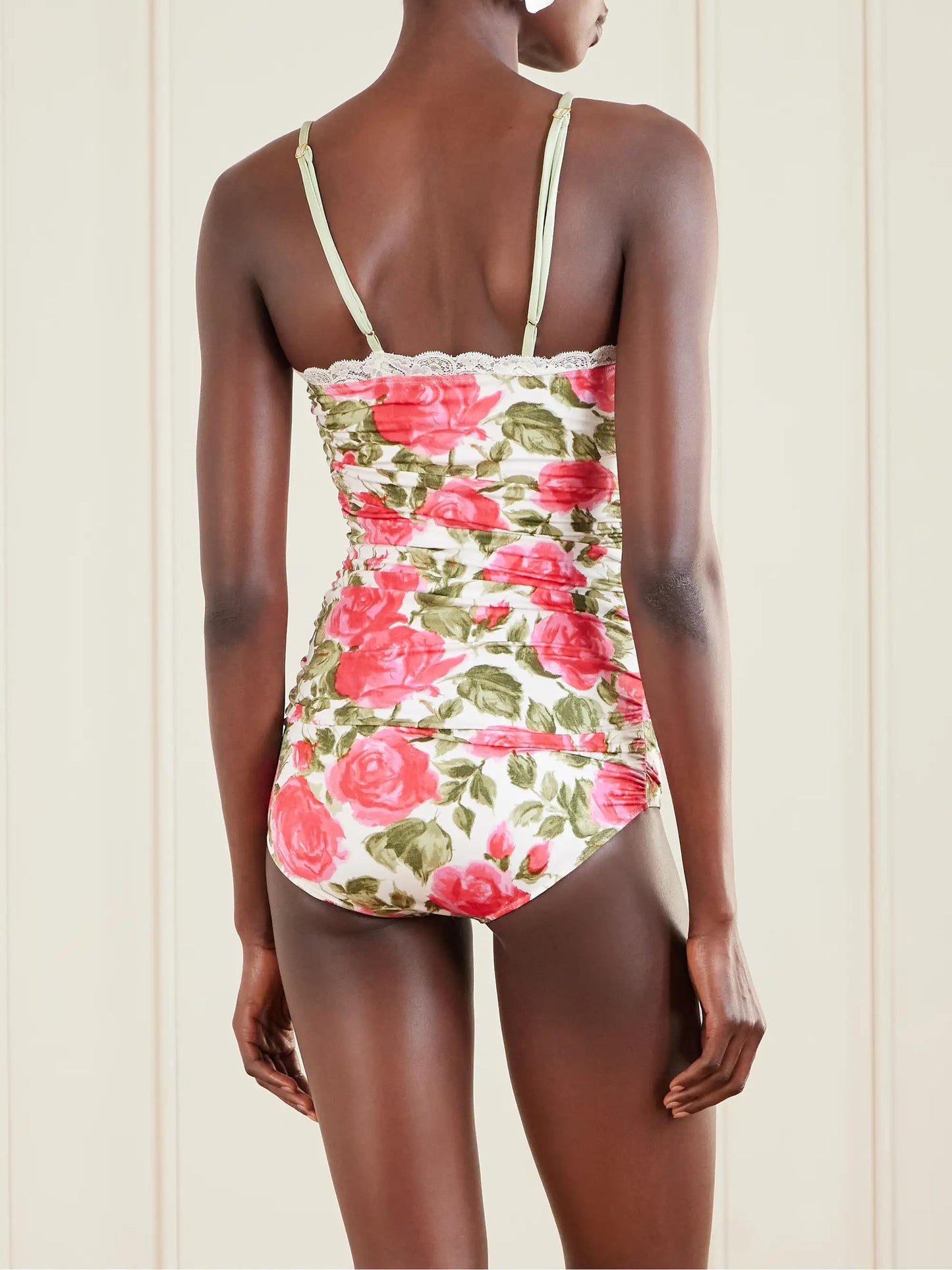 Bow-detailed Ruched Lace-trimmed Floral-print Swimsuit
