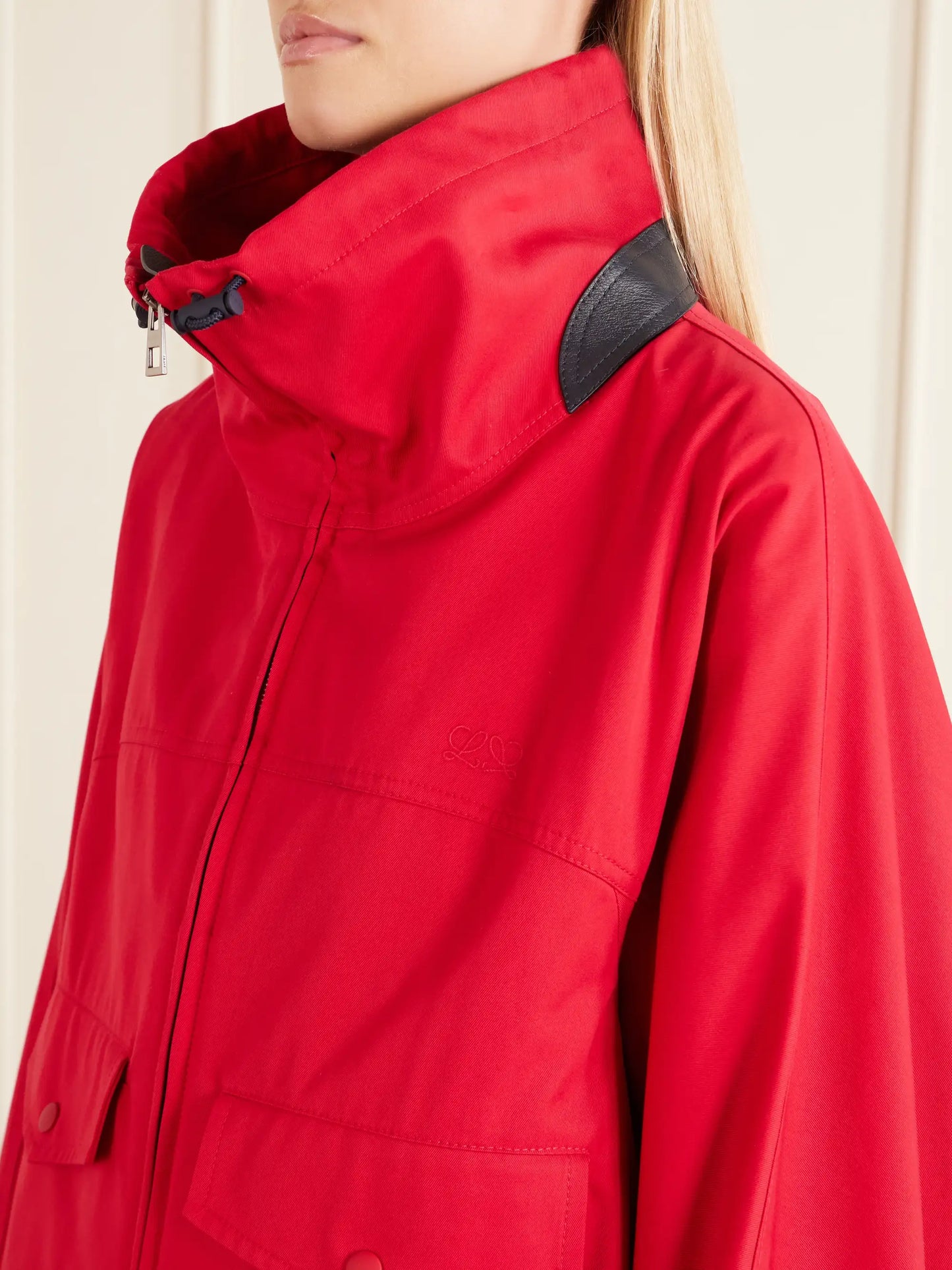 Leather-trimmed Anagram-embroidered Cropped Cotton And Silk-blend Gabardine Jacket