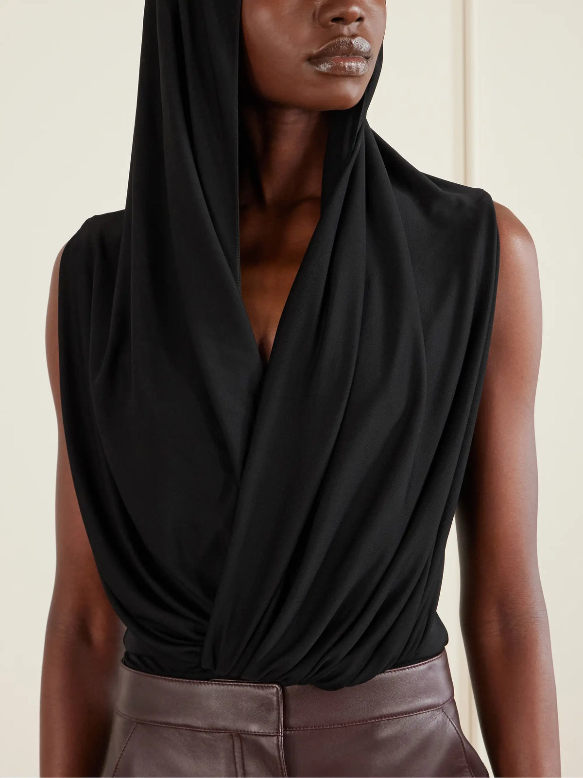 Alaïa Hooded Draped Jersey Bodysuit