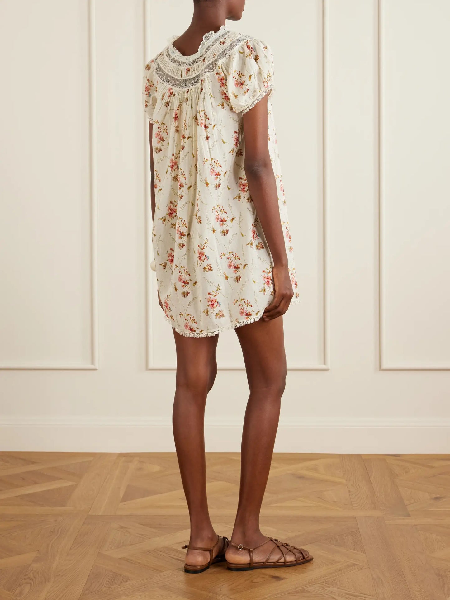 Daphne Lace-trimmed Pintucked Floral-print Organic Cotton-voile Mini Dress