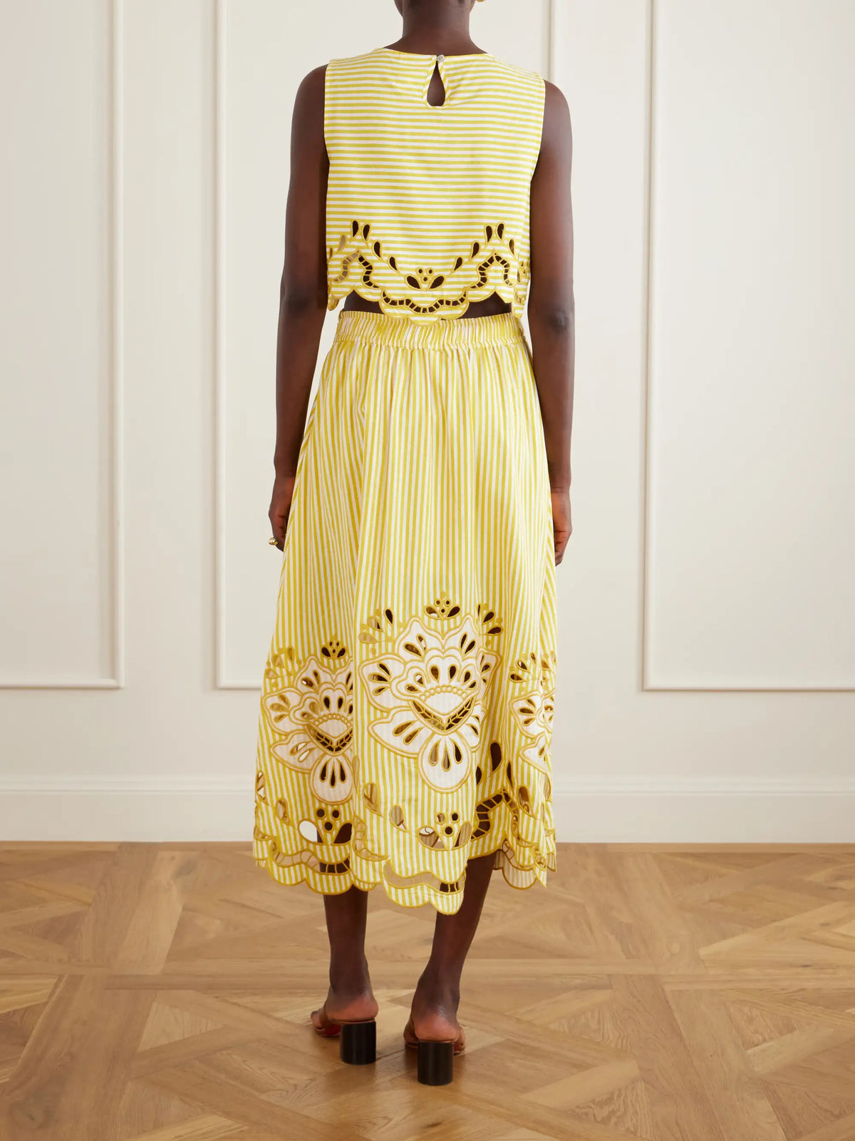 Farm Rio Striped Broderie Anglaise-trimmed Linen-blend Midi Skirt