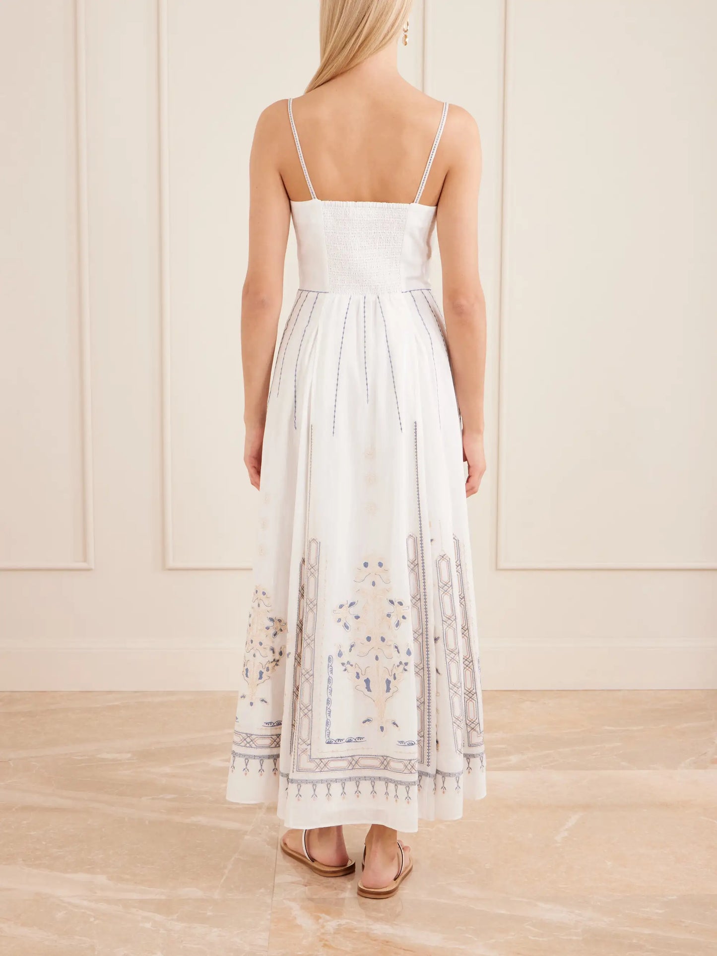 Valya Embroidered Pleated Cotton-poplin Midi Dress