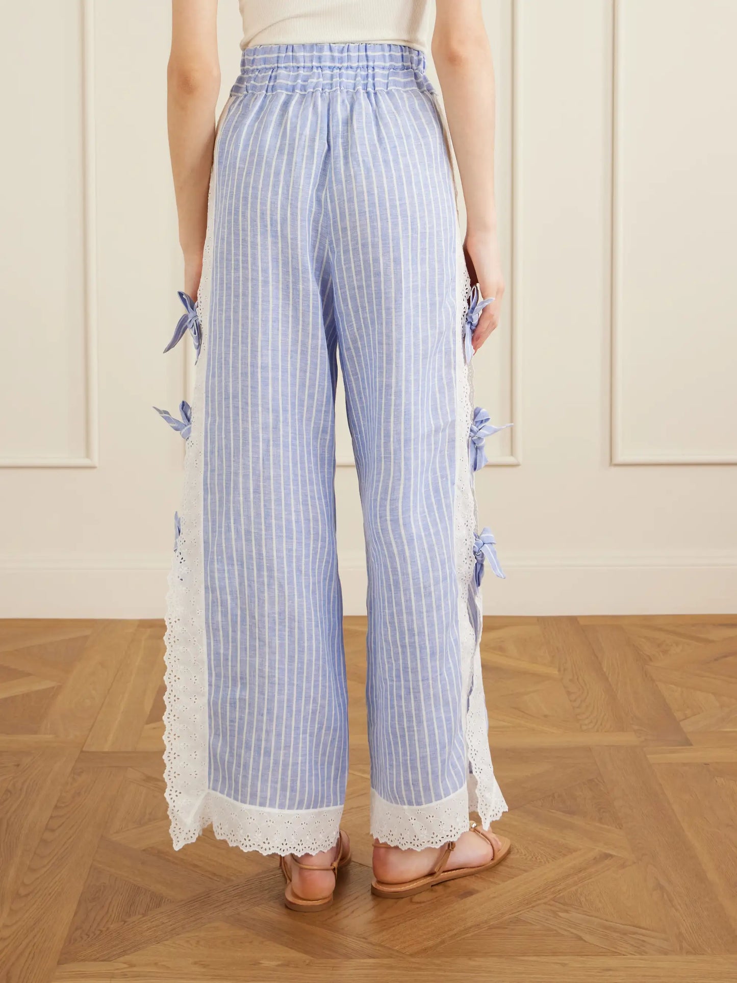 Clarissa Bow-embellished Striped Broderie Anglaise-trimmed Linen Straight-leg Pants
