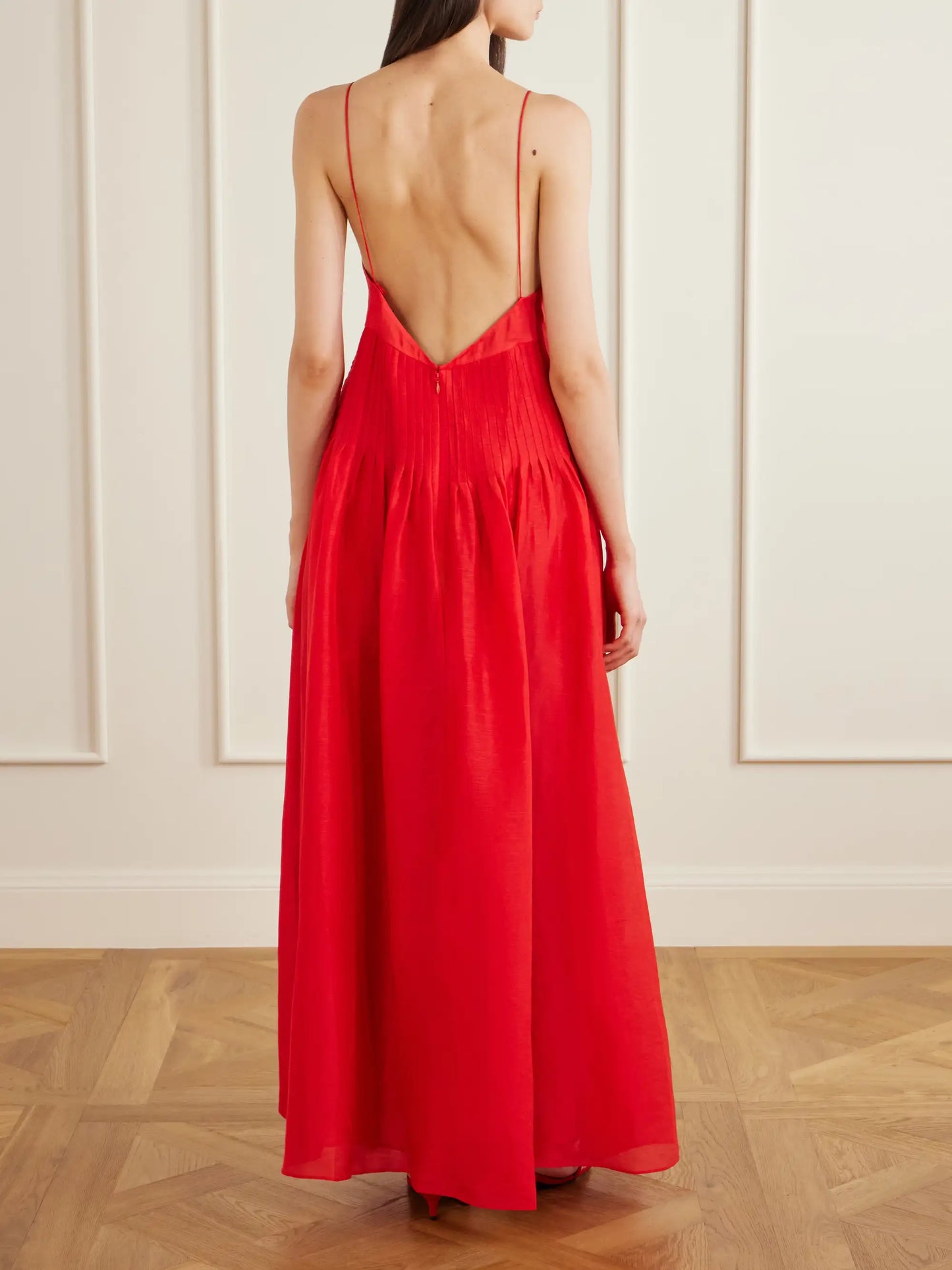 Embellished Pleated Linen And Silk-blend Maxi Dress