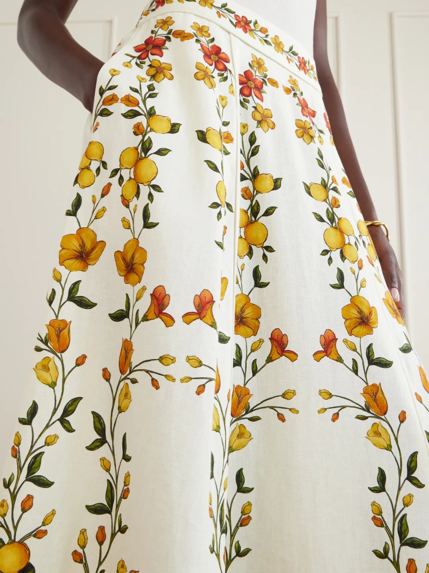 Lemon Bouquet Printed Linen-blend Midi Skirt