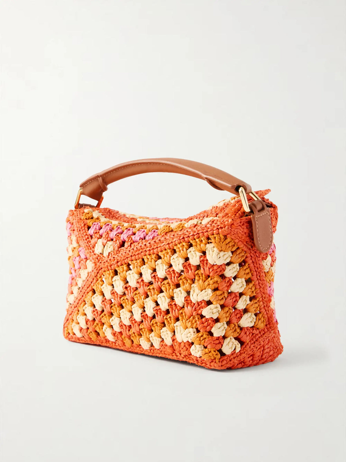 + Paula's Ibiza Puzzle Edge Mini Leather-trimmed Crocheted Raffia Shoulder Bag