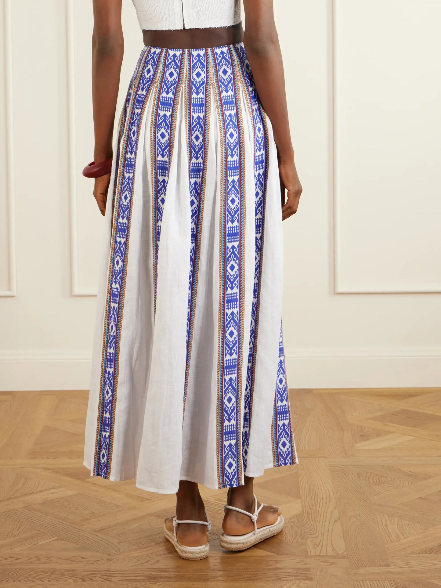 Aurelia Pleated Printed Linen Midi Skirt