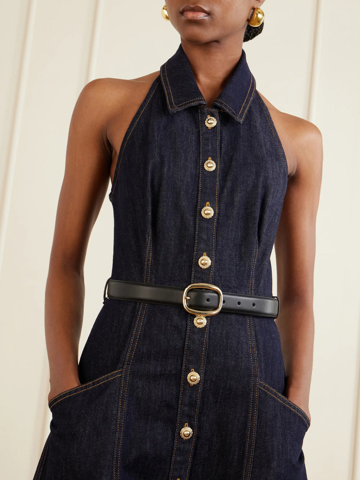 Self-Portrait Belted Halterneck Denim Midi Dress