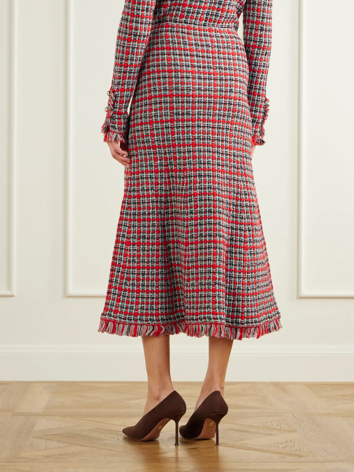 Self-Portrait Frayed Cotton-blend Tweed Midi Skirt
