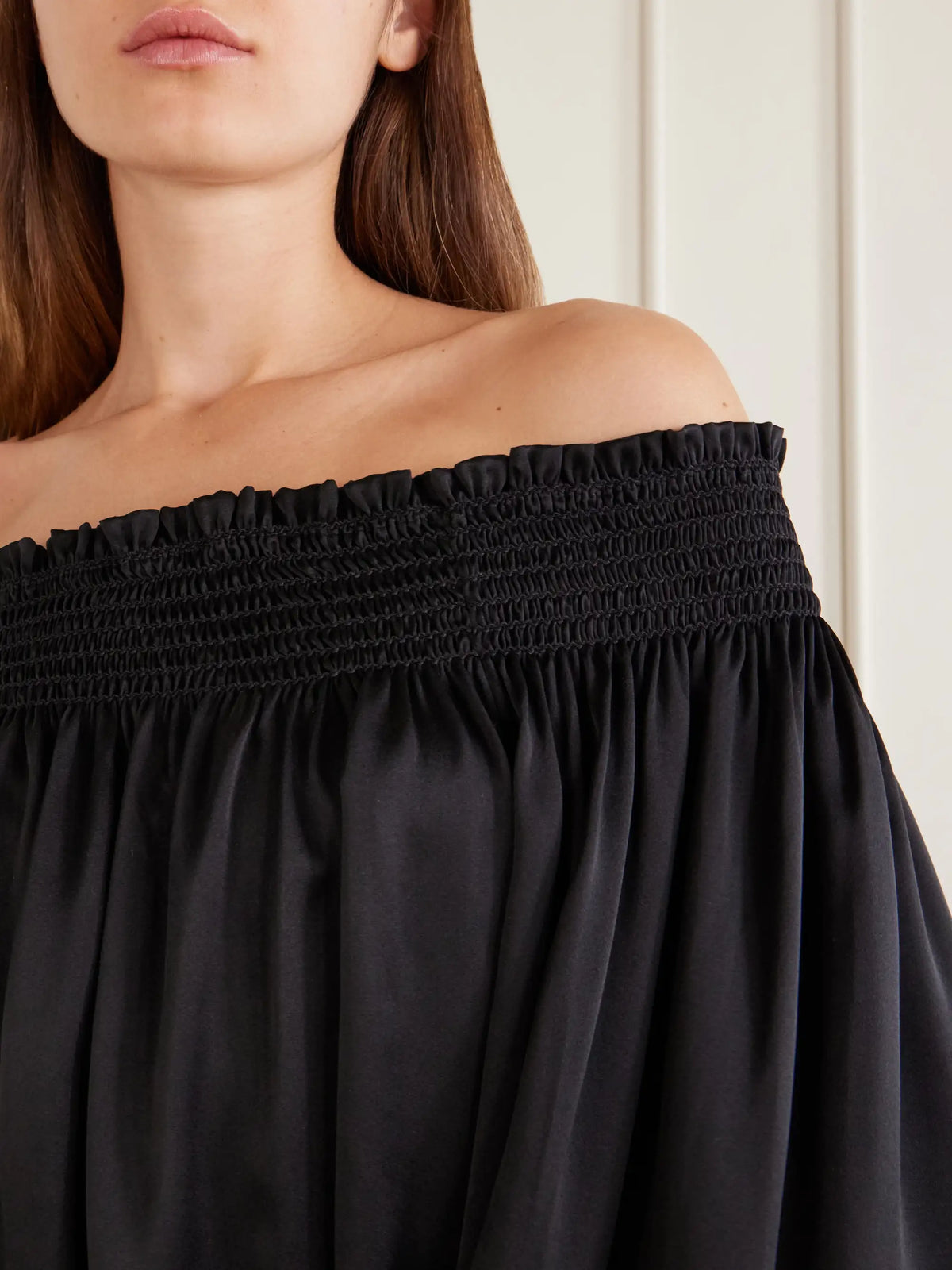 Off-the-shoulder Gathered Silk-satin Blouse