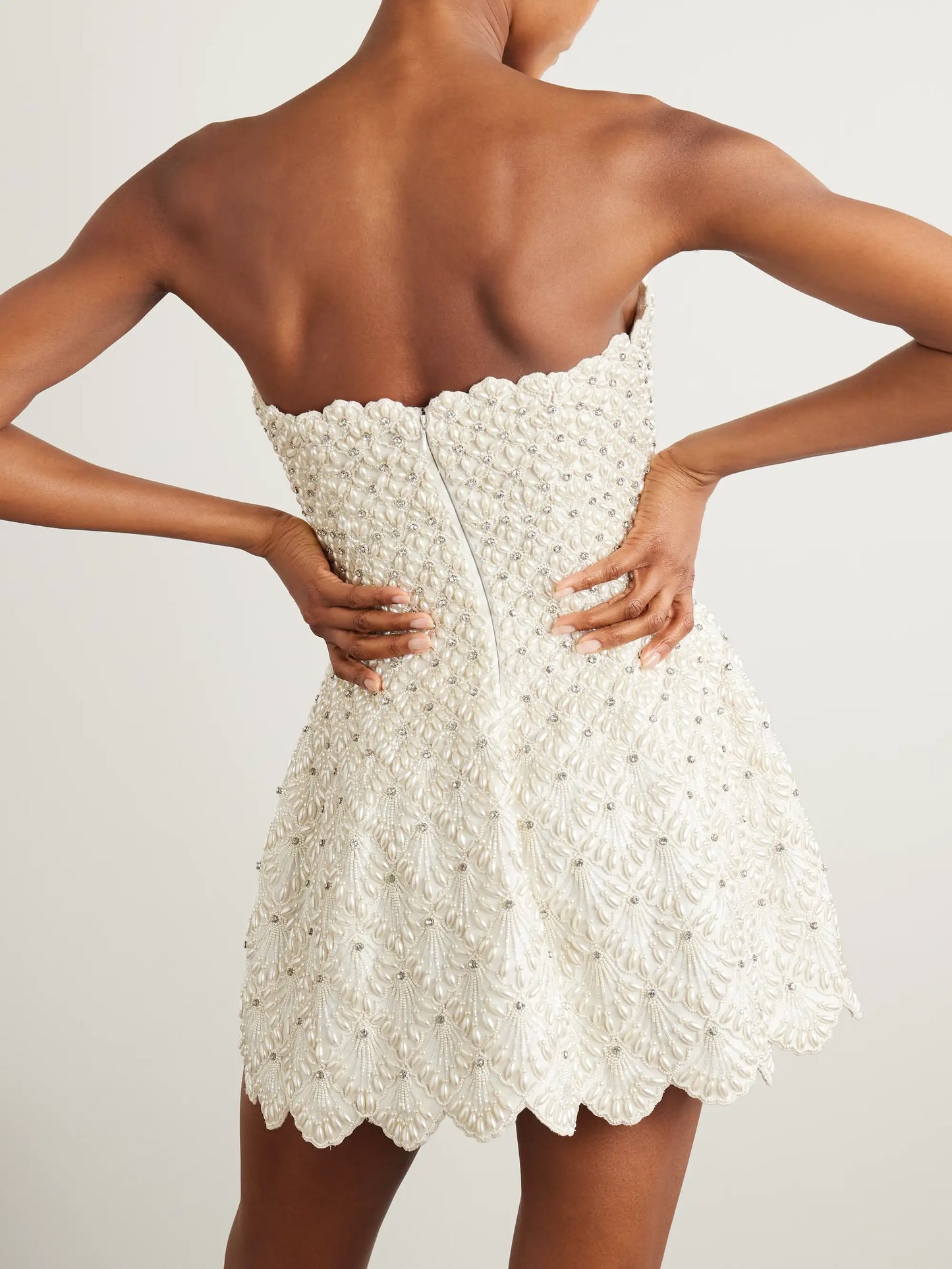 Scallop Strapless Embellished Taffeta Mini Dress