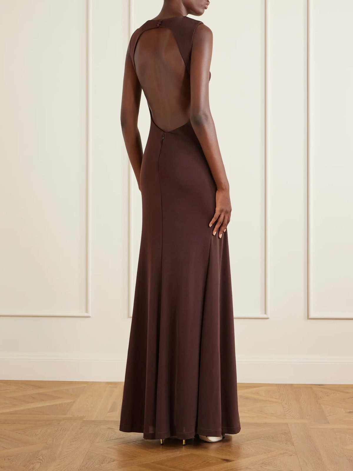 Rebecca Vallance Hazine Open-back Ruched Embellished Jersey Gown