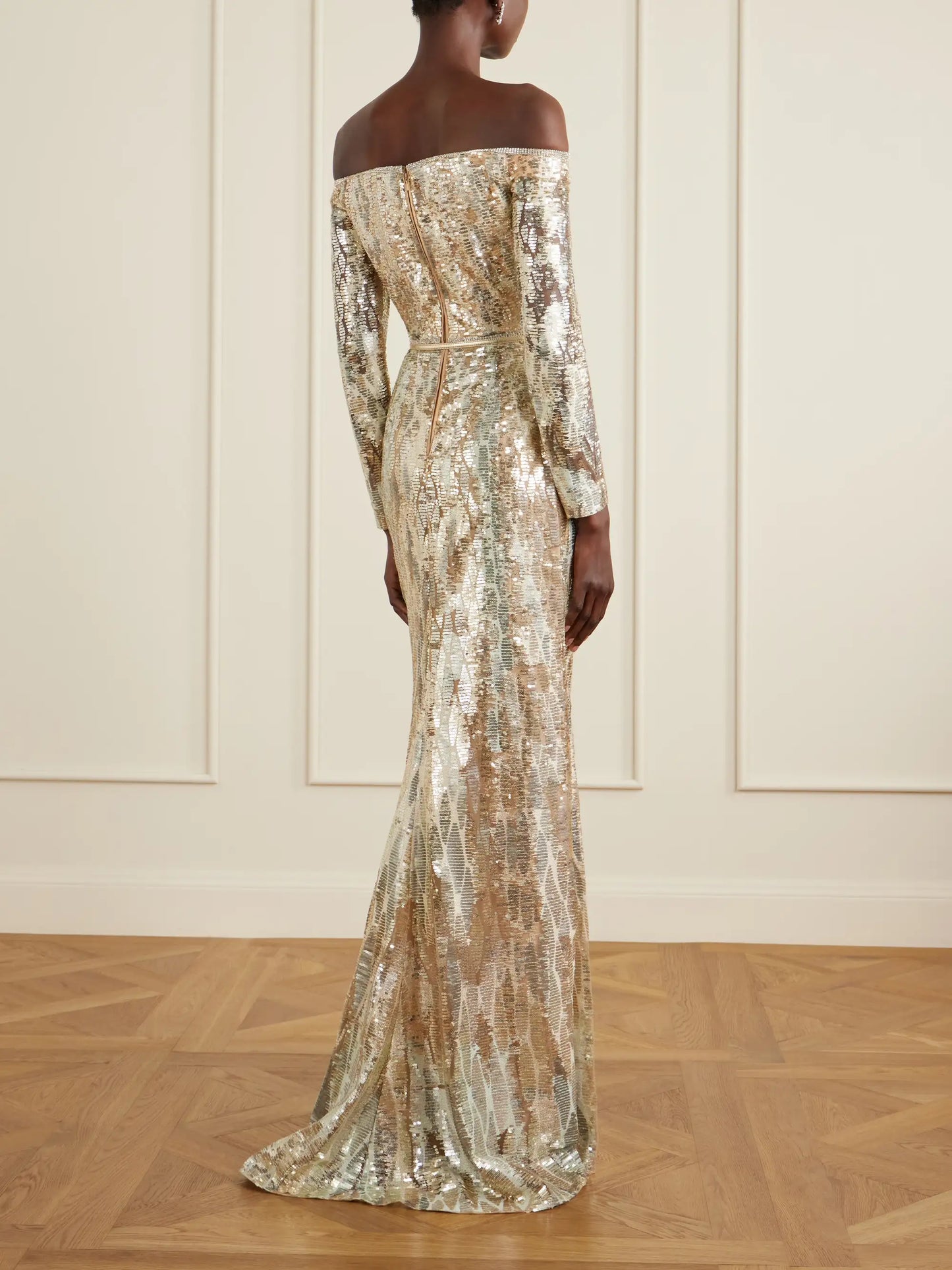 Off-the-shoulder Sequined Silk-blend Gown