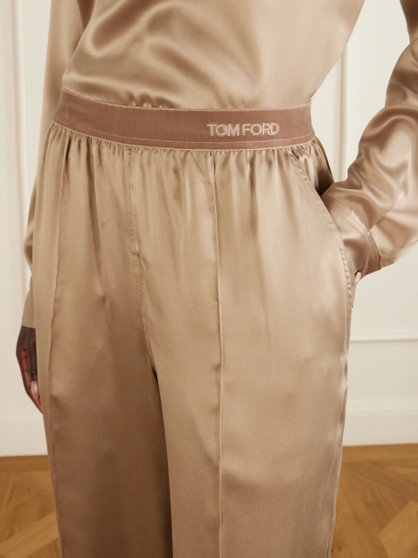 Logo-embroidered Velvet-trimmed Silk-satin Straight-leg Pants
