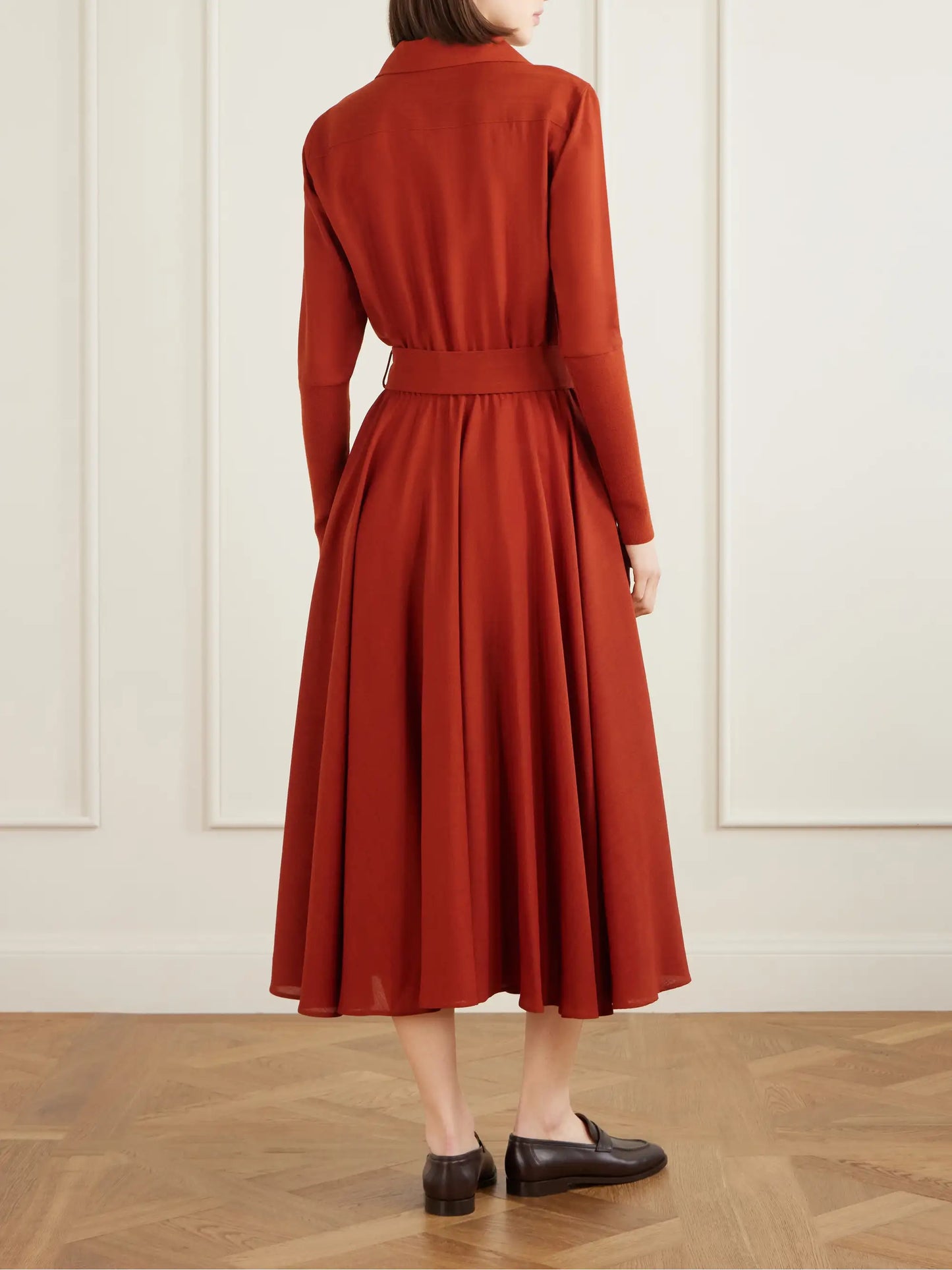 Verlaine Belted Pleated Wool Midi Shirt Dress