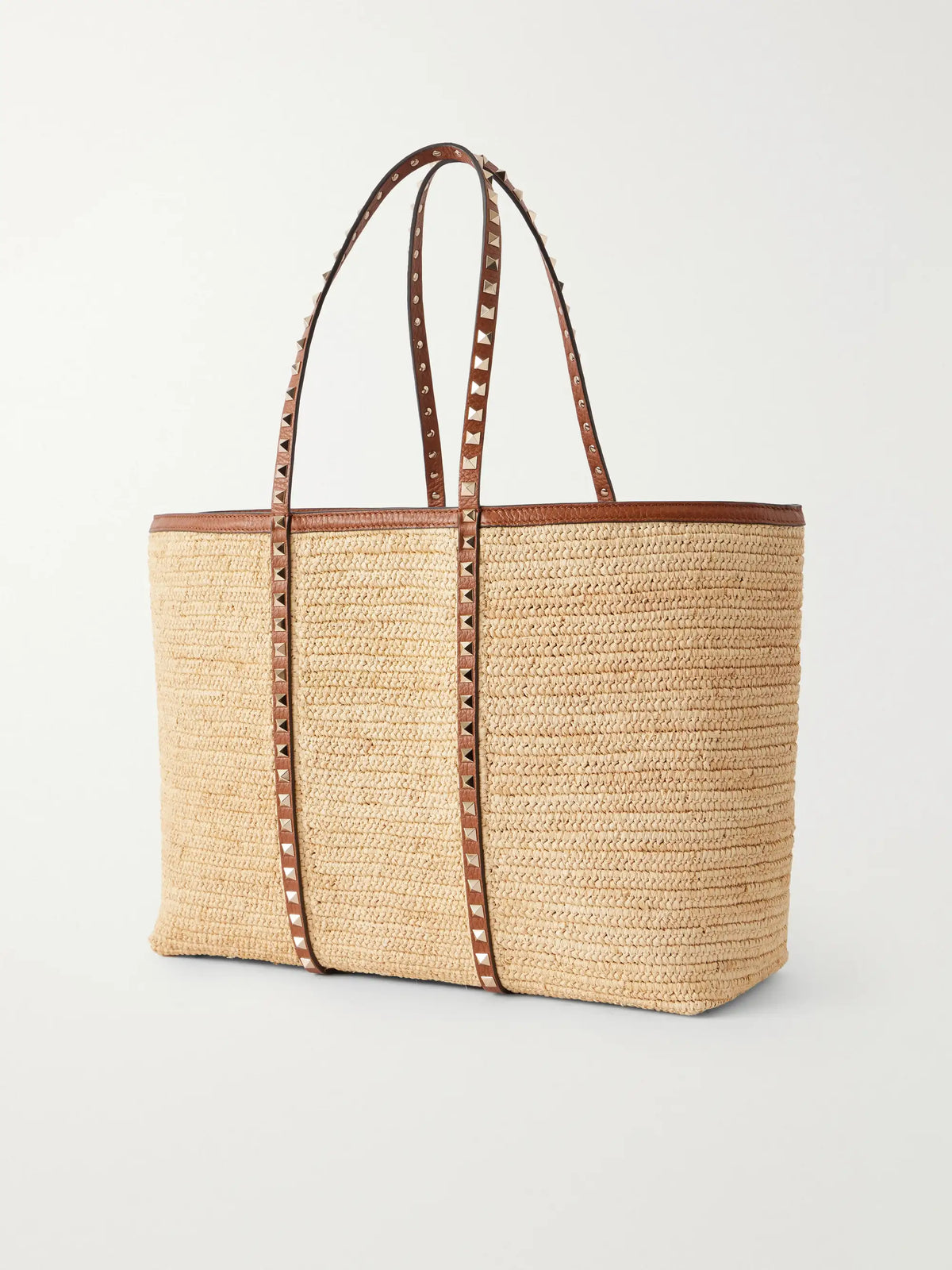 Rockstud Leather-trimmed Raffia Tote