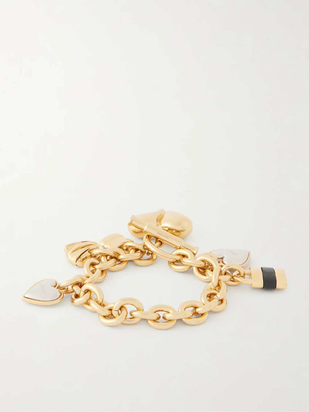 Logo-detailed Leather-trimmed Gold And Silver-tone Charm Bracelet