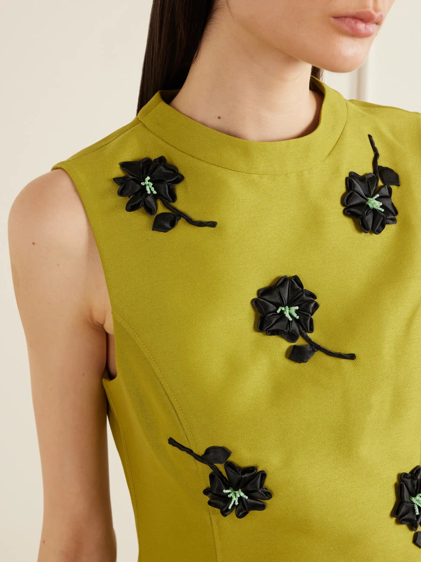 Floral-appliqué Gathered Satin Mini Dress