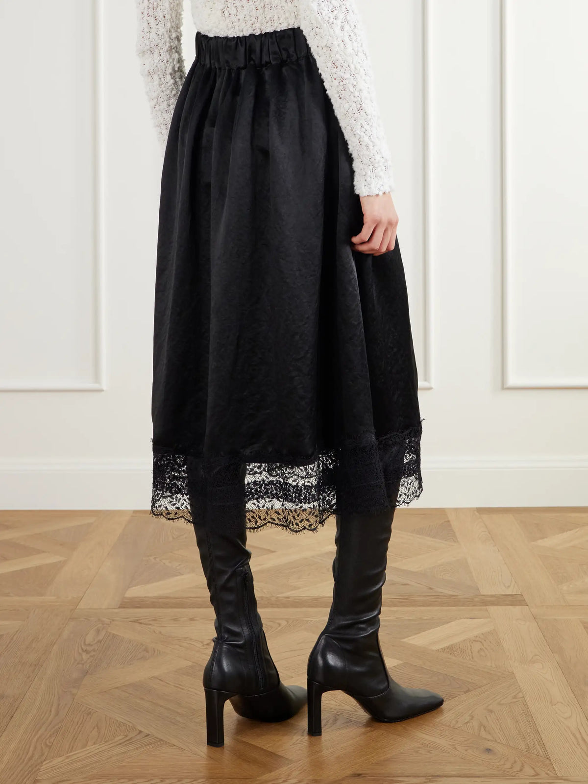 Maria McManus Gathered Lace-trimmed Crinkled Satin Midi Skirt