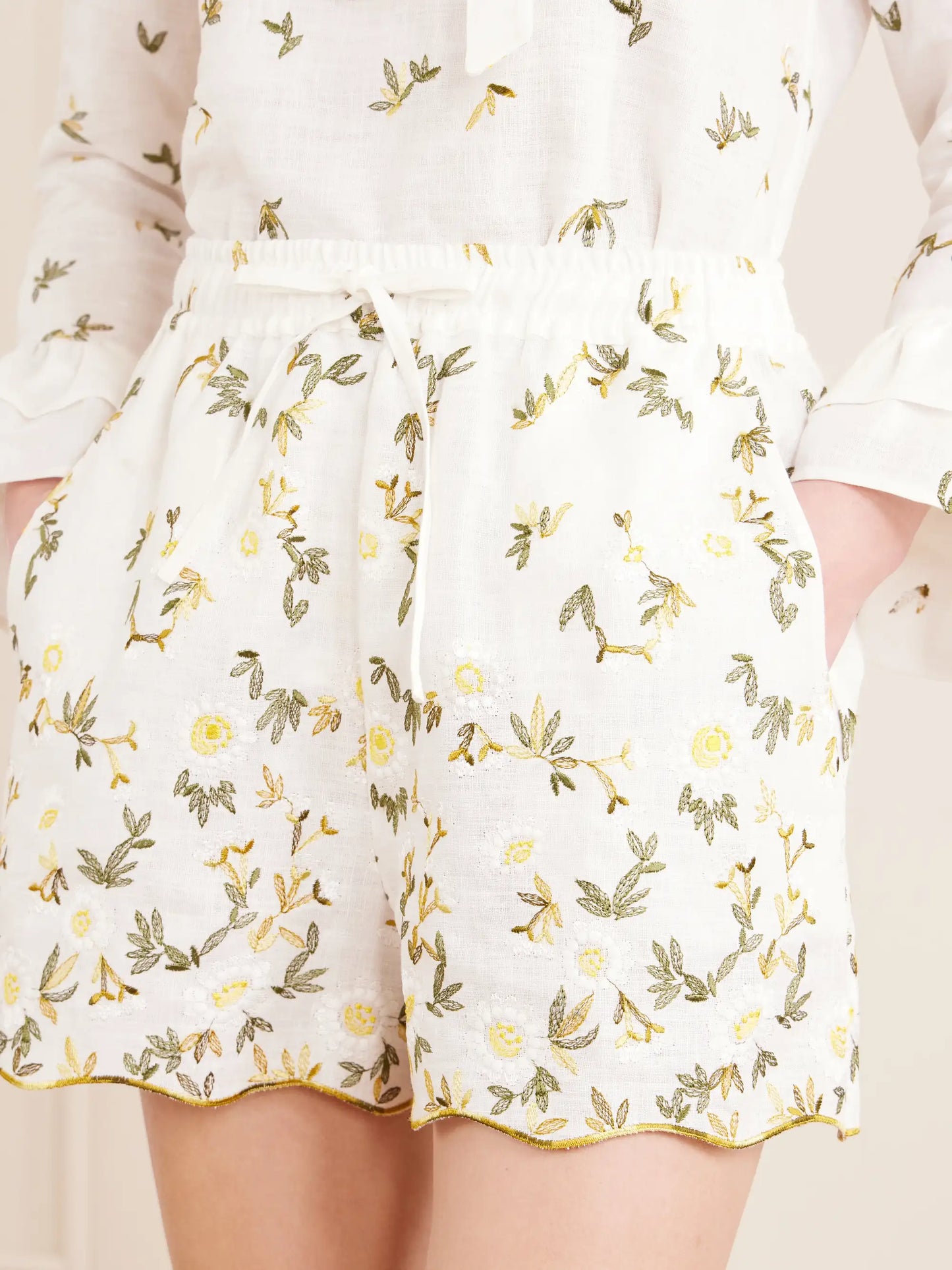 Elena Floral-embroidered Linen Drawstring Shorts