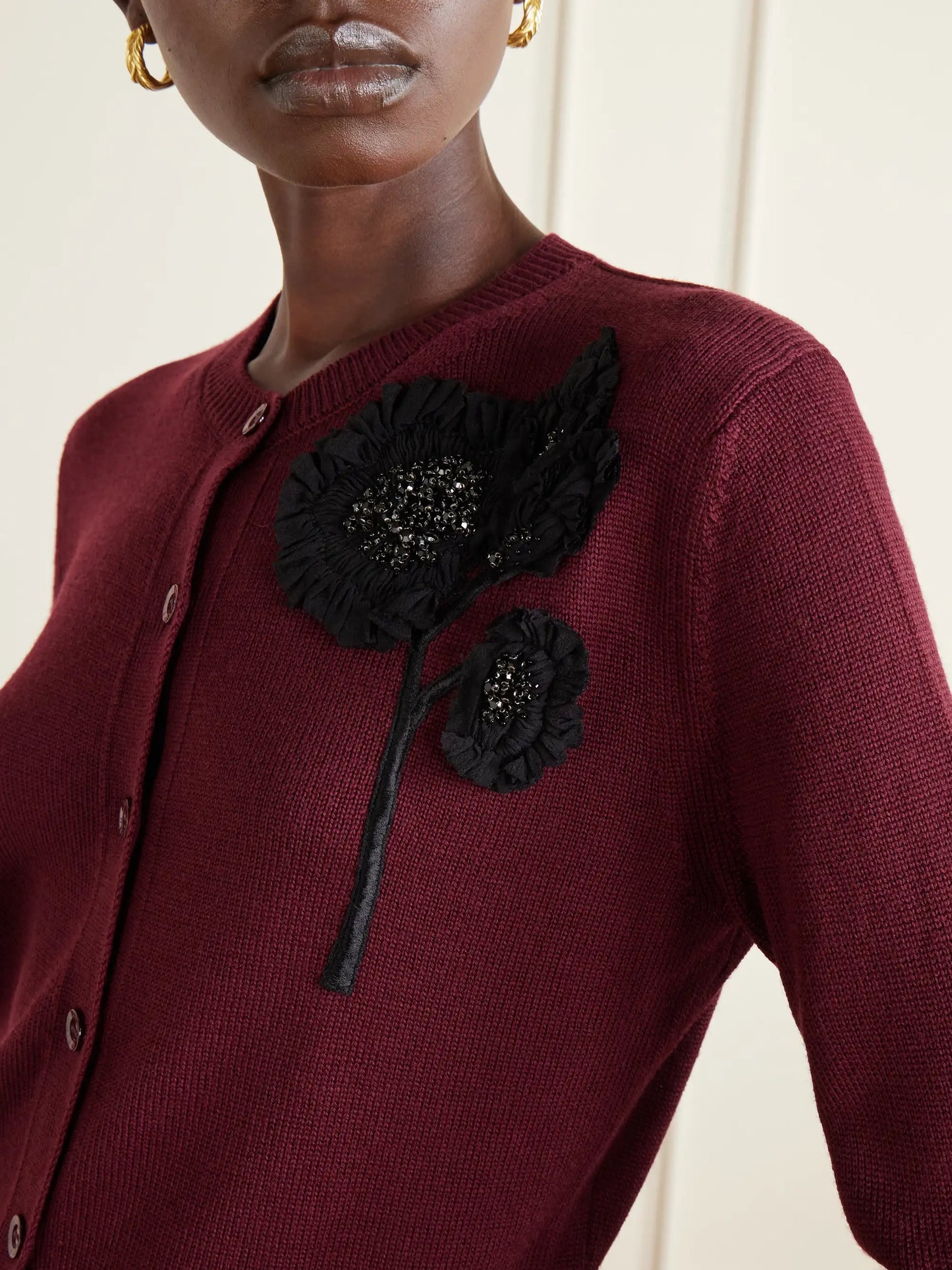 Embellished Ribbed Merino Wool Cardigan