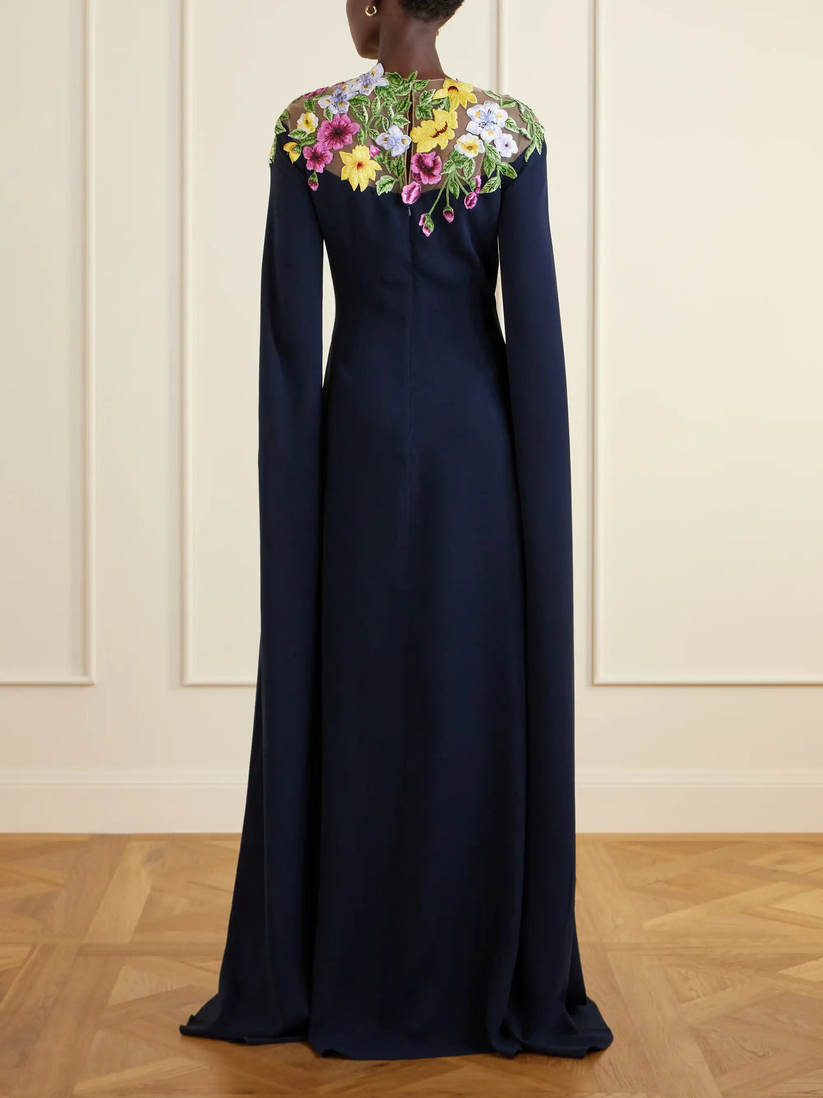 Oscar de la Renta Cape-effect Floral-embroidered Silk-blend Georgette Gown