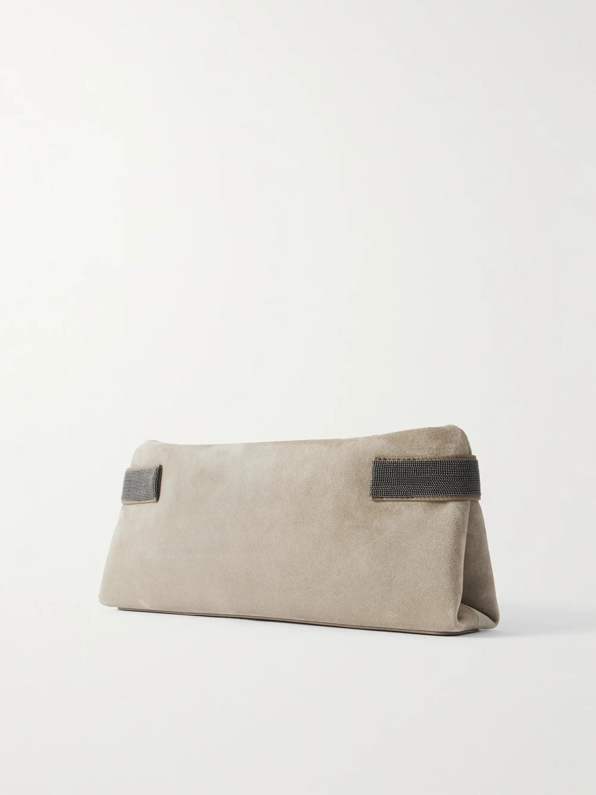 Bead-embellished Leather-trimmed Suede Clutch