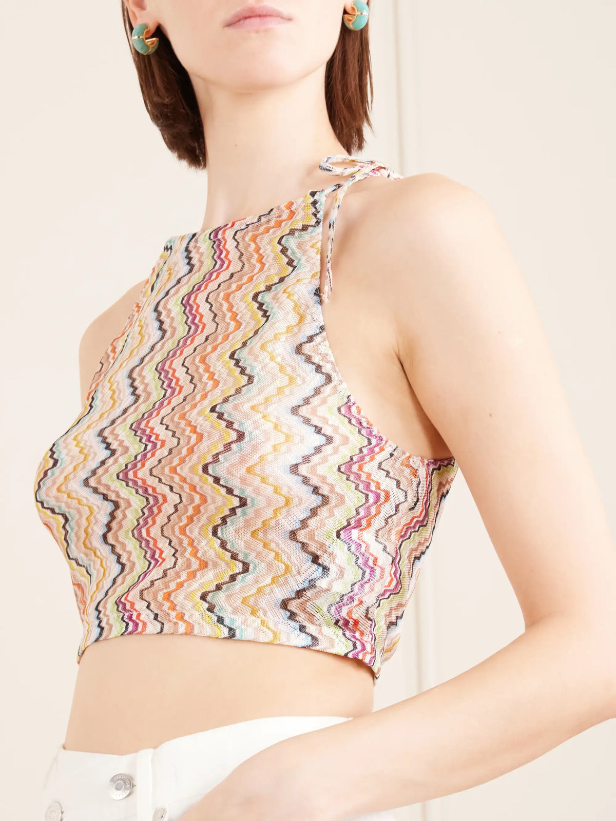 Cropped Gathered Striped Mesh Halterneck Top