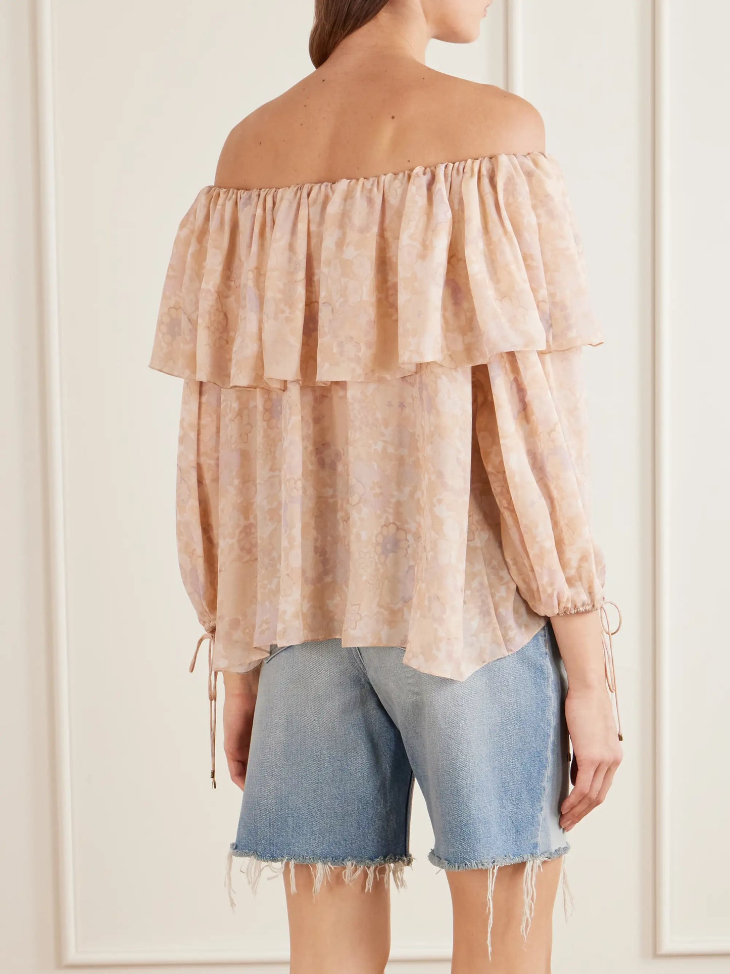 Off-the-shoulder Ruffled Floral-print Silk-charmeuse Blouse