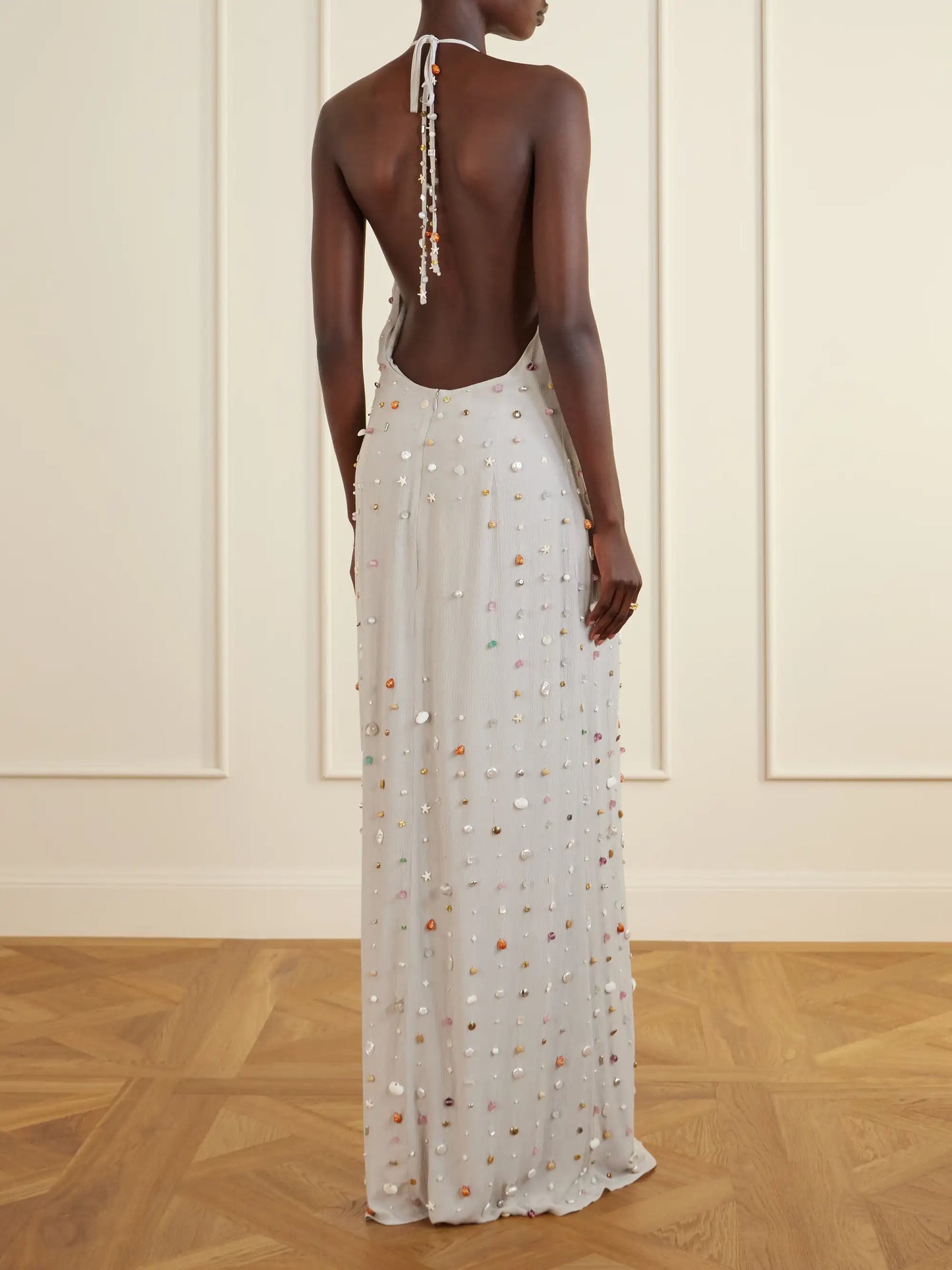 Francine Pearl-embellished Crinkled-shell Halterneck Dress