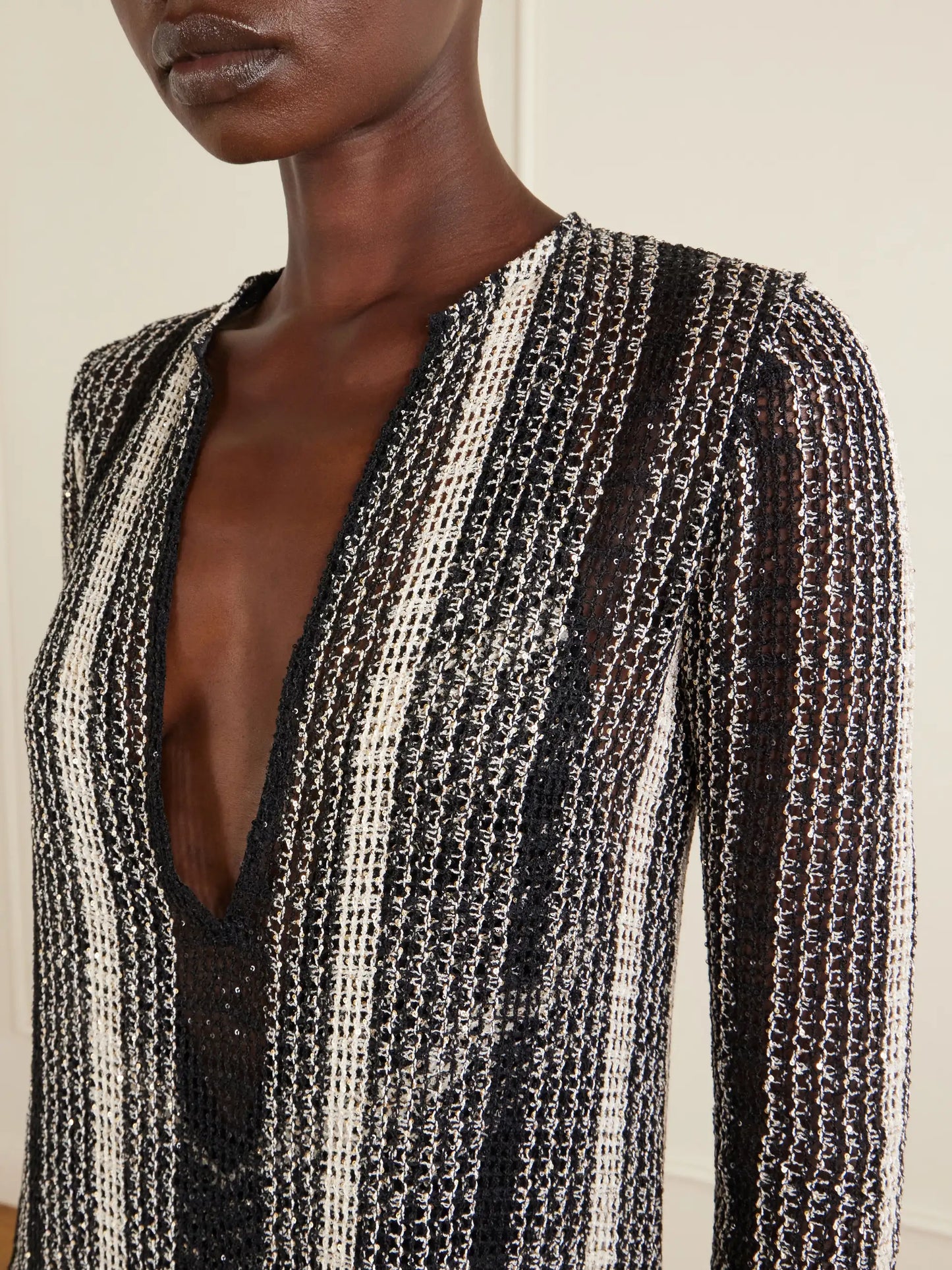 Striped Metallic Sequin-embellished Crochet-knit Dress