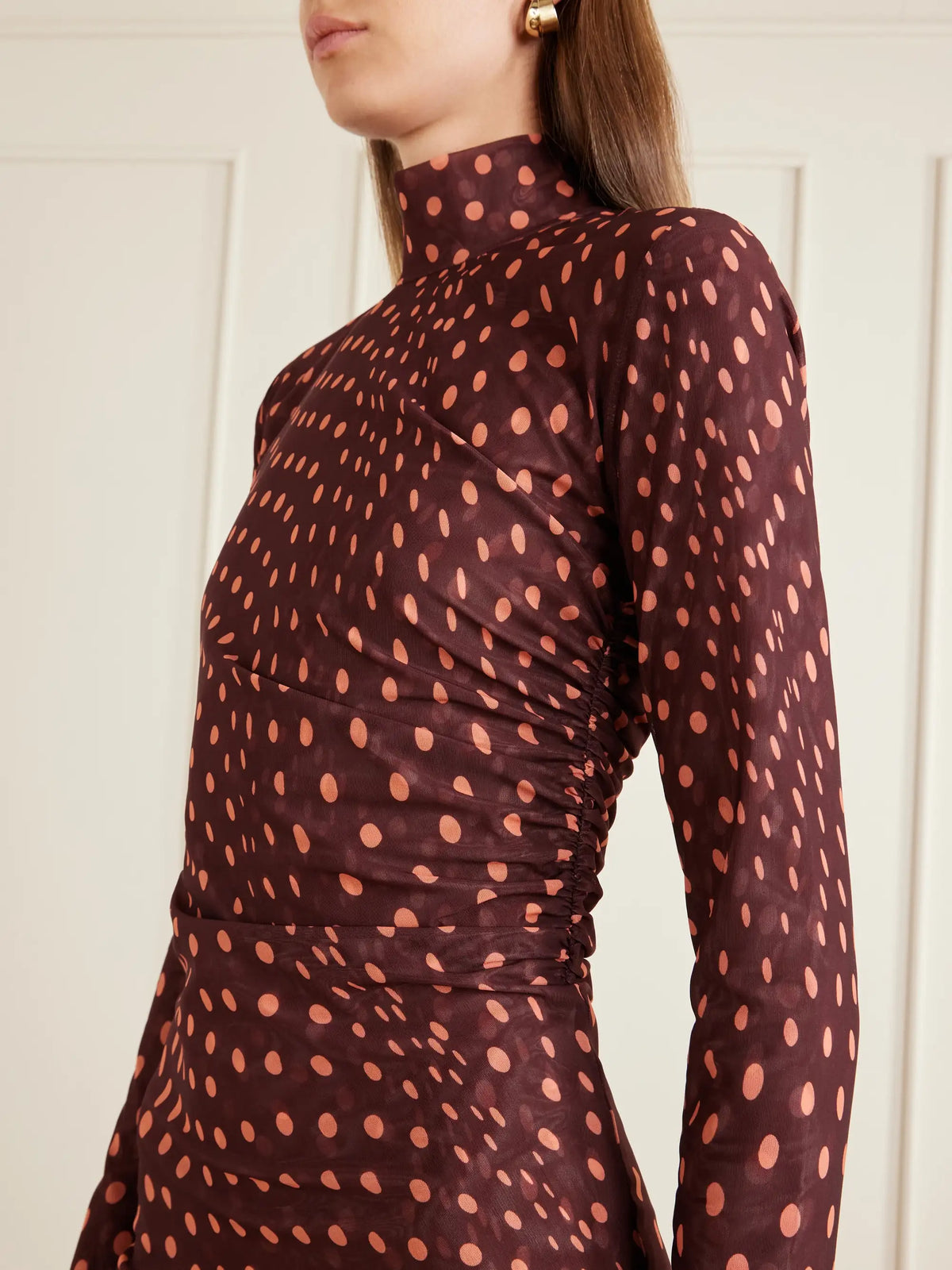 Stella McCartney Ruched Polka-dot Mesh Midi Dress