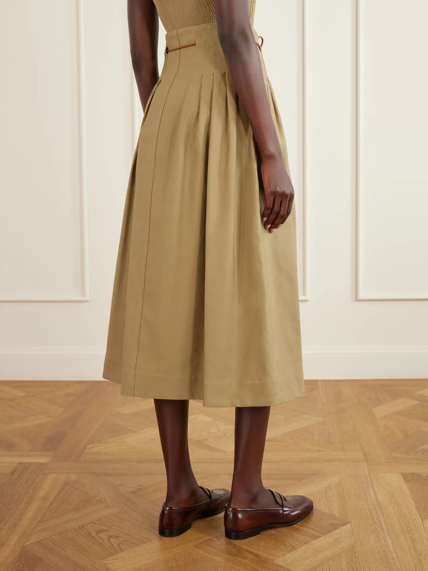 Mxmtempio Belted Pleated Leather-trimmed Cotton Midi Skirt