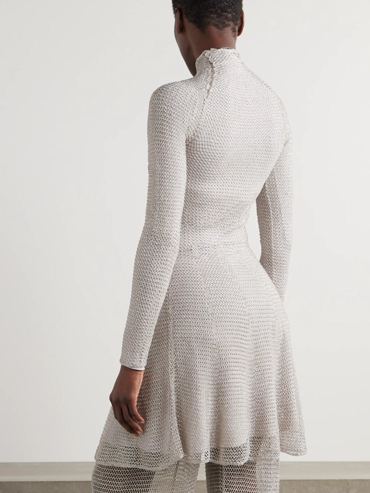 Metallic Open-knit Turtleneck Mini Dress